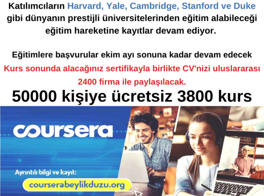 Beylikdüzü Belediyesi ile Coursera işbirliği 100000 kişiye ücretsiz 3800 kurs img