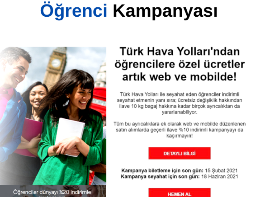 Türk Hava Yolları Öğrenciler için %20 İndirim Kampanyası img