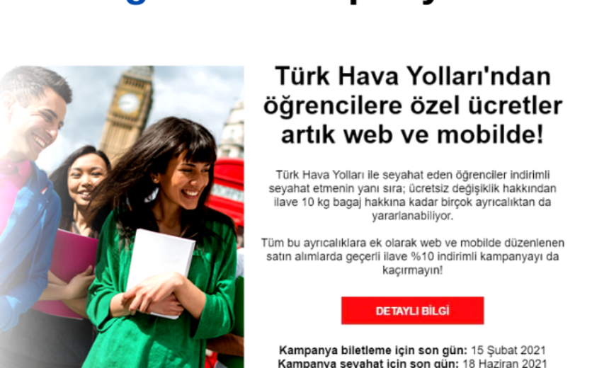 Türk Hava Yolları Öğrenciler için %20 İndirim Kampanyası img