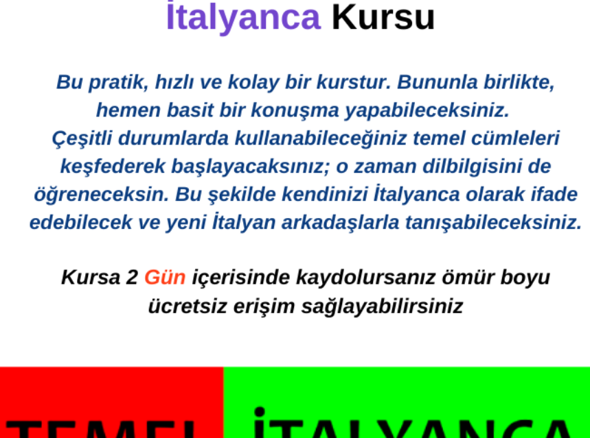 Temel seviyede İtalyanca Kursu – Ücretsiz Kaydolmak için Son 2 Gün img