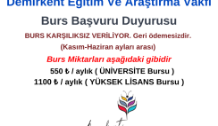 Demirkent Eğitim Ve Araştırma Vakfı Bursu – Lisans 550 TL Yüksek Lisans 1100 TL